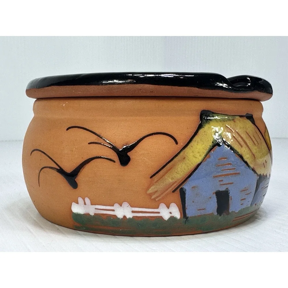 Vintage Terracotta Round 2 Part Ashtray Hand Painted Removable Top